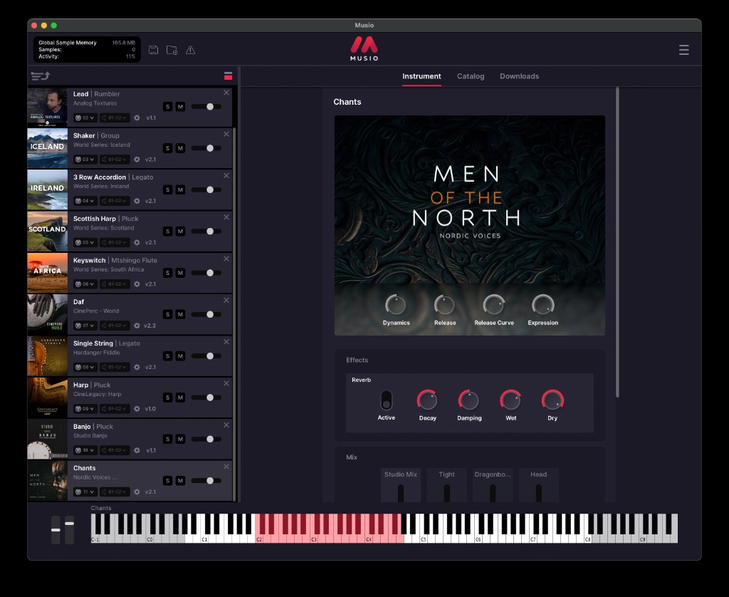 The Nordic Voices Chants instrument open in Musio with its dynamics and release controls